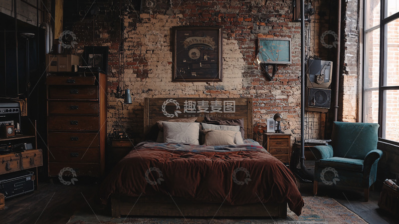 高清大图下载【趣麦麦图】复古红砖卧室