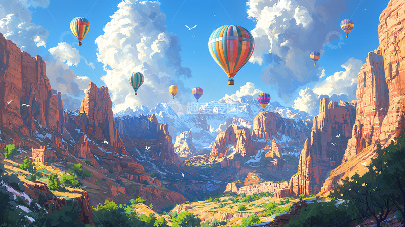高清大图下载【趣麦麦图】热气球峡谷雪山风景
