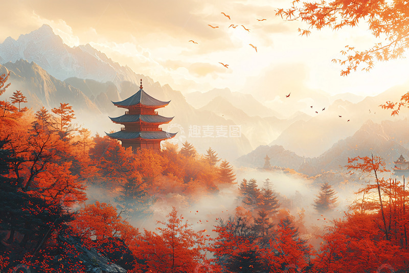 高清大图下载【趣麦麦图】秋日山林佛塔
