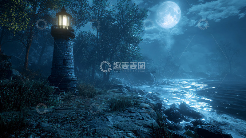 高清大图下载【趣麦麦图】月夜灯塔海边小溪