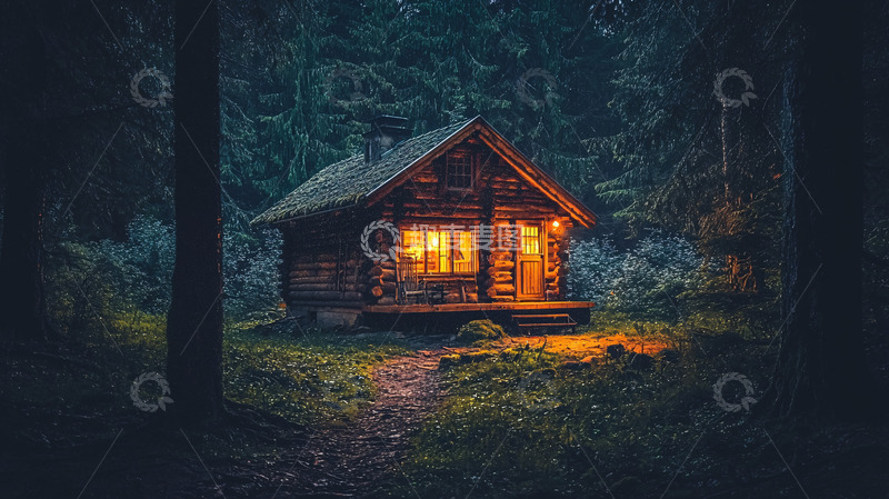 高清大图下载【趣麦麦图】森林小屋夜晚灯光