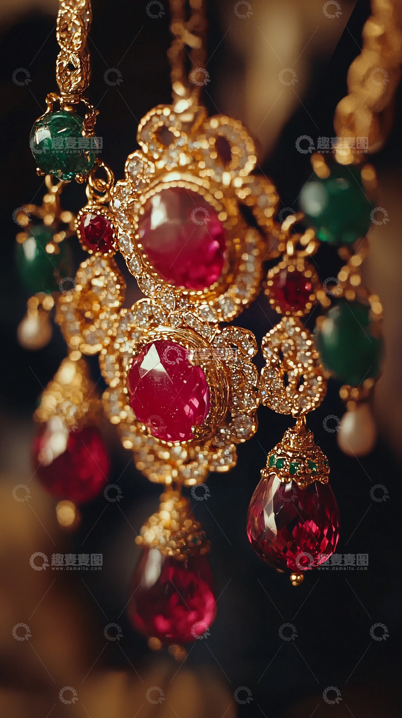 高清大图下载【趣麦麦图】奢华红宝石祖母绿金项链
