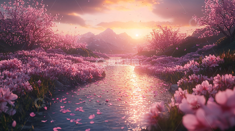 高清大图下载【趣麦麦图】梦幻樱花河畔日落
