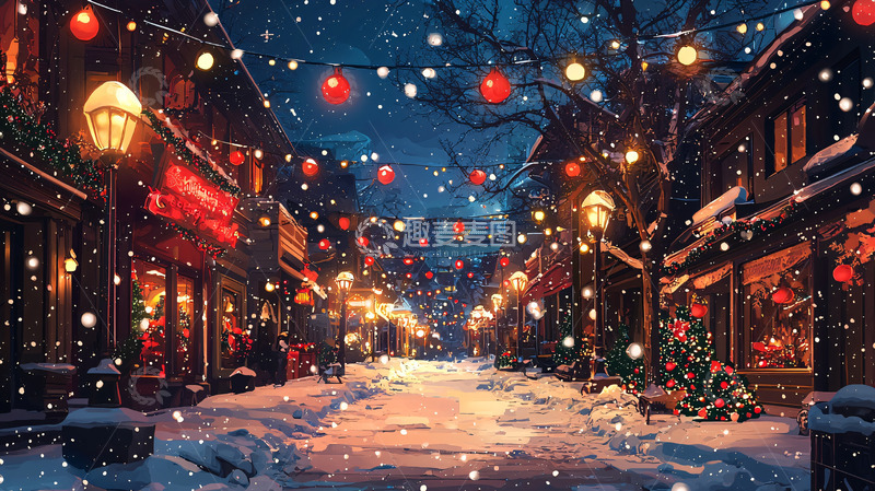 高清大图下载【趣麦麦图】圣诞节雪夜小镇