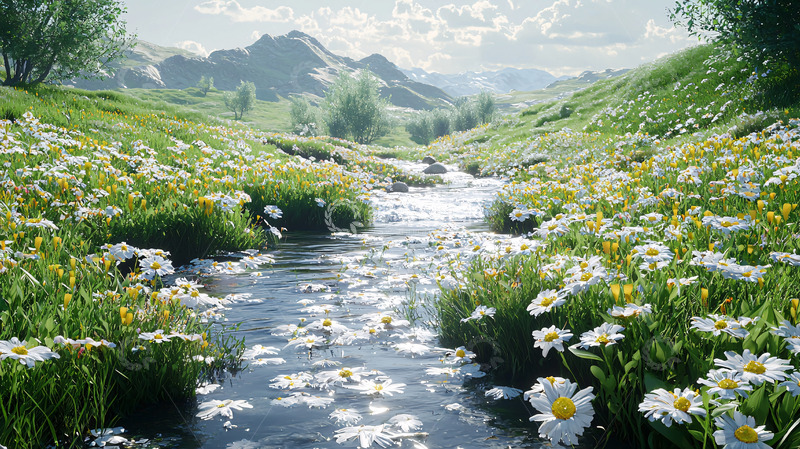 高清大图下载【趣麦麦图】山间溪流野花盛开