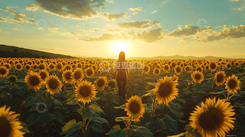 高清大图下载【趣麦麦图】夕阳下向日葵田里的人影