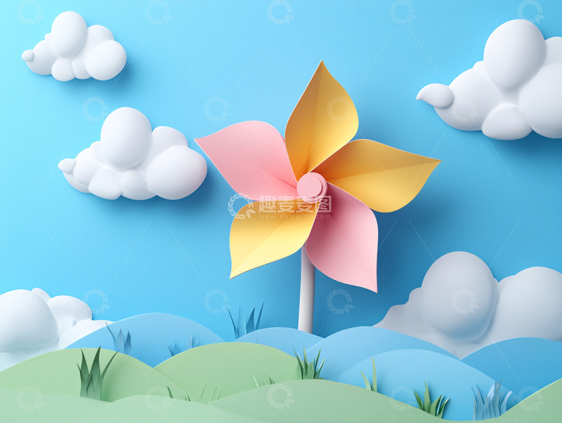 高清大图下载【趣麦麦图】彩色纸风车与白云蓝天
