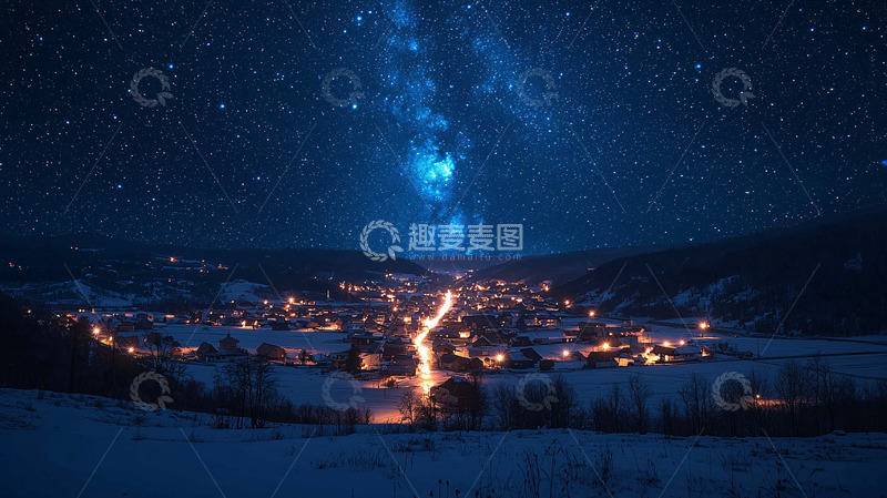 高清大图下载【趣麦麦图】星空下的雪夜小镇