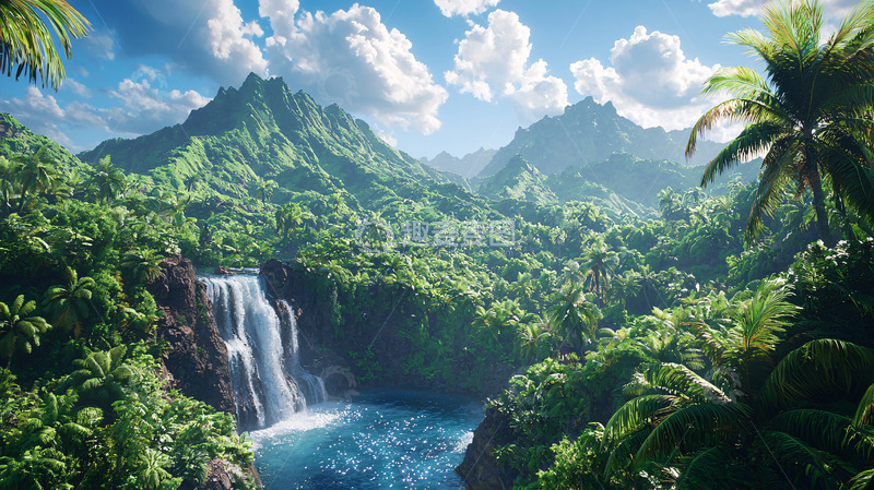 高清大图下载【趣麦麦图】热带雨林瀑布景观