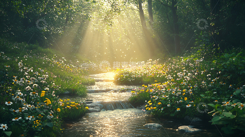 高清大图下载【趣麦麦图】森林小溪阳光