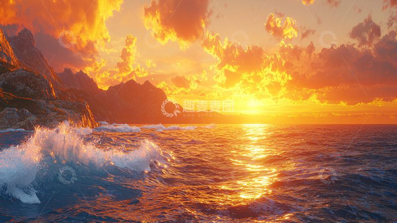 高清大图下载【趣麦麦图】火烧云海边日落