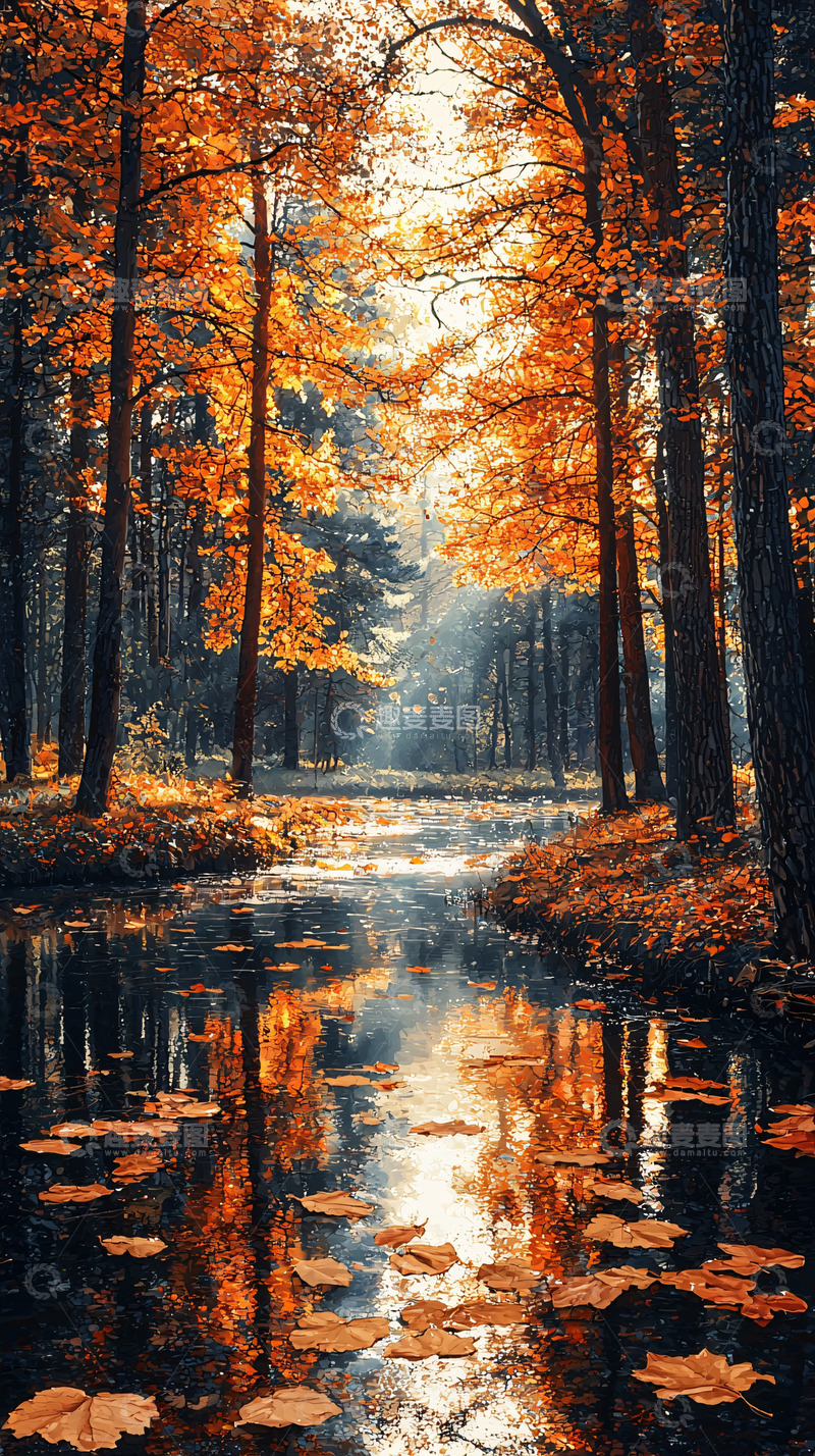 高清大图下载【趣麦麦图】秋日森林河流倒影