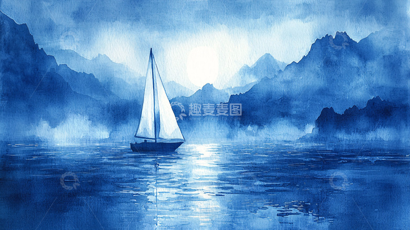 高清大图下载【趣麦麦图】水墨画帆船