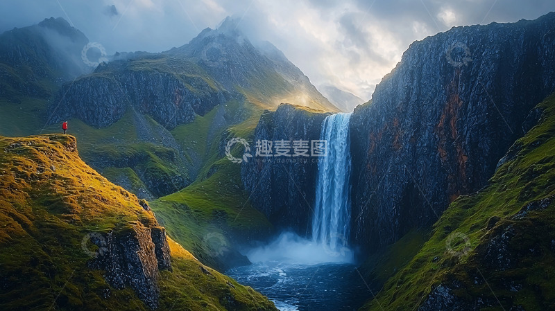 高清大图下载【趣麦麦图】山谷瀑布日出景色