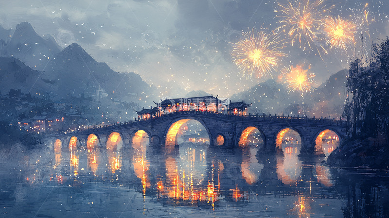 高清大图下载【趣麦麦图】水墨画风格古桥夜景