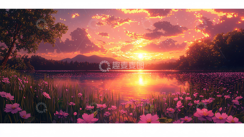 高清大图下载【趣麦麦图】日落湖边粉色花海