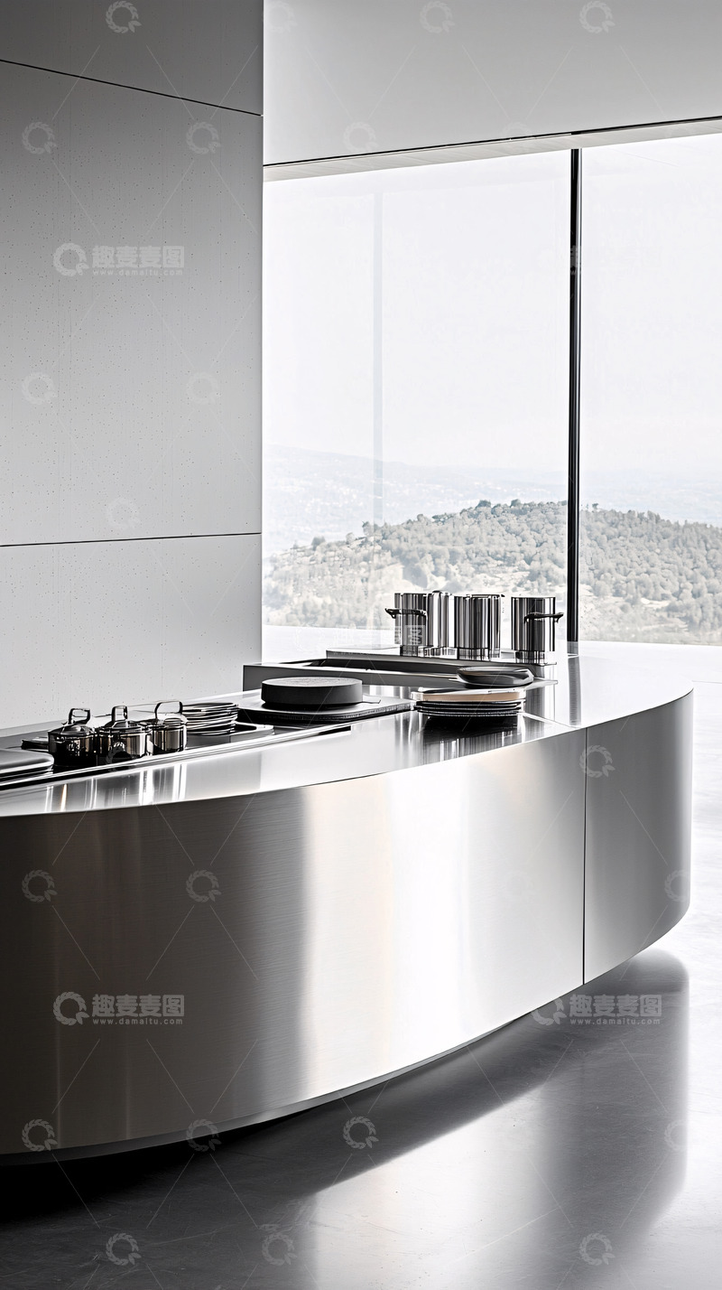 高清大图下载【趣麦麦图】极简主义金属岛型厨房