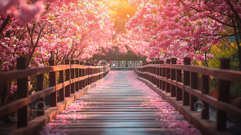 高清大图下载【趣麦麦图】樱花树下木桥