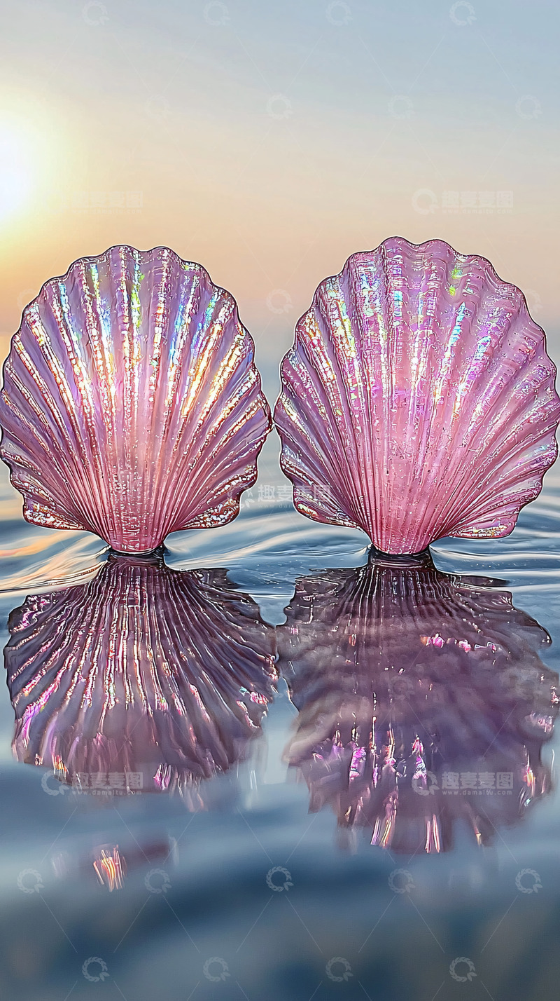 高清大图下载【趣麦麦图】粉色贝壳日落倒影