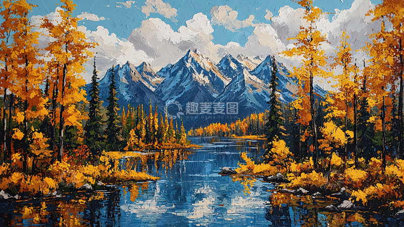 高清大图下载【趣麦麦图】秋季山水油画风格