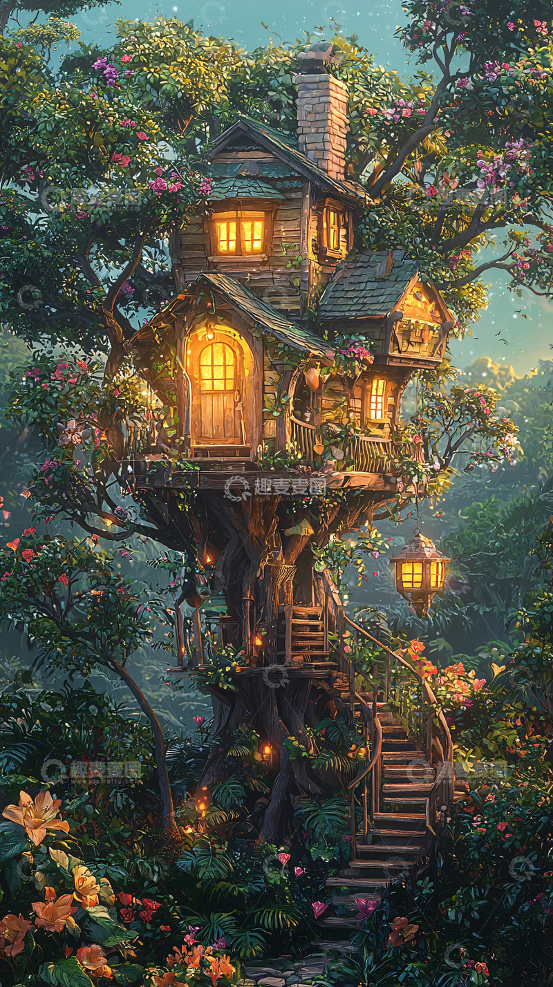 高清大图下载【趣麦麦图】梦幻树屋森林