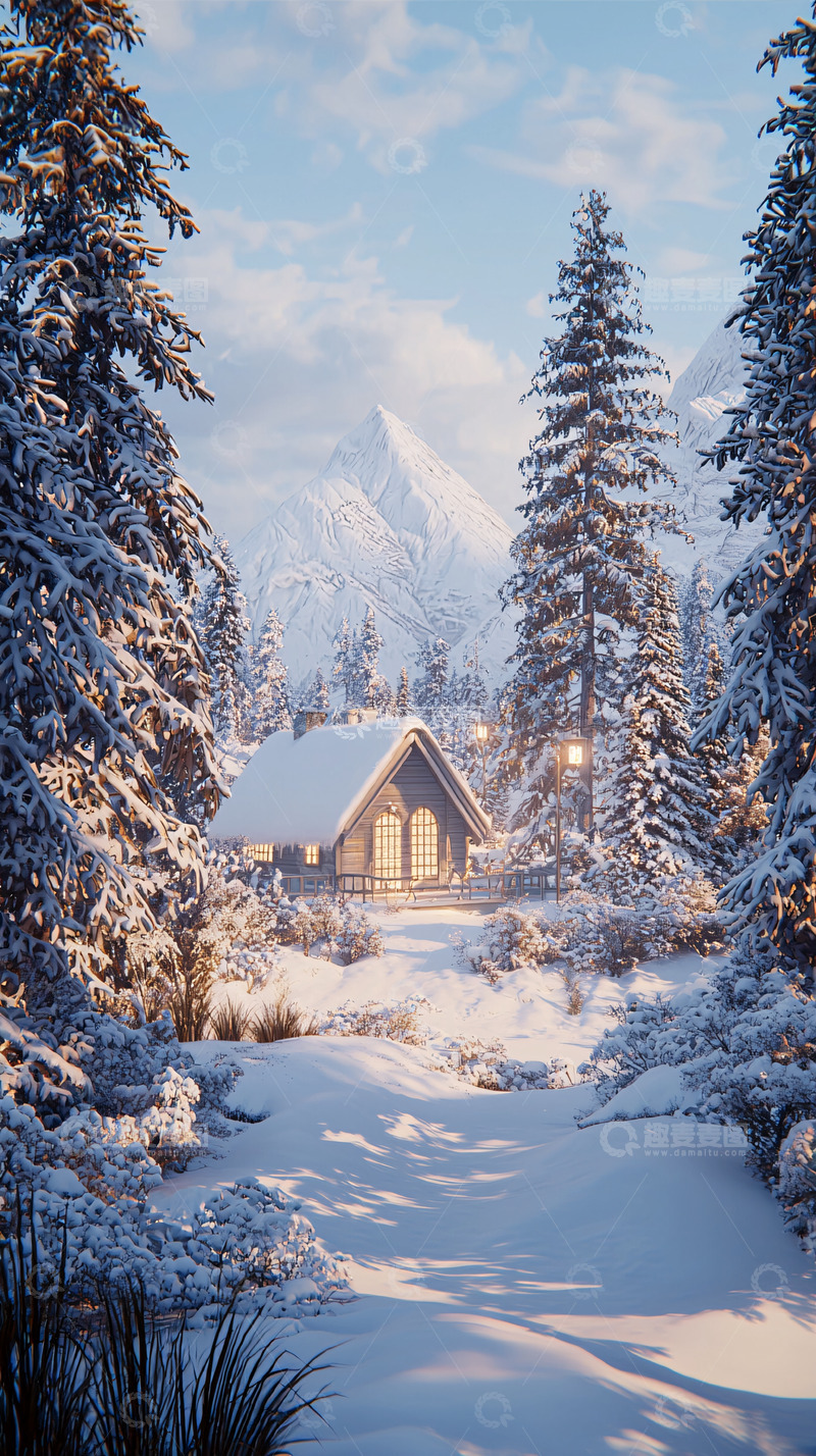 高清大图下载【趣麦麦图】雪山木屋冬日风景
