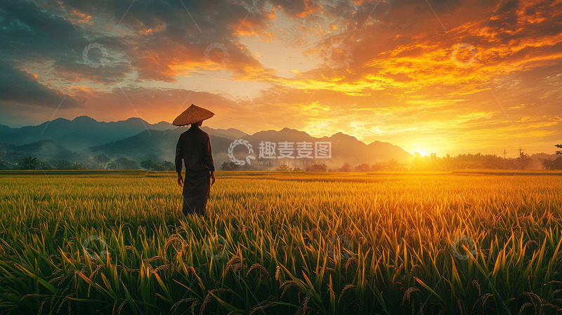 高清大图下载【趣麦麦图】日落稻田农人剪影