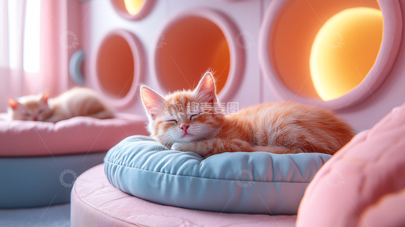 高清大图下载【趣麦麦图】可爱小猫在粉色猫窝里睡觉