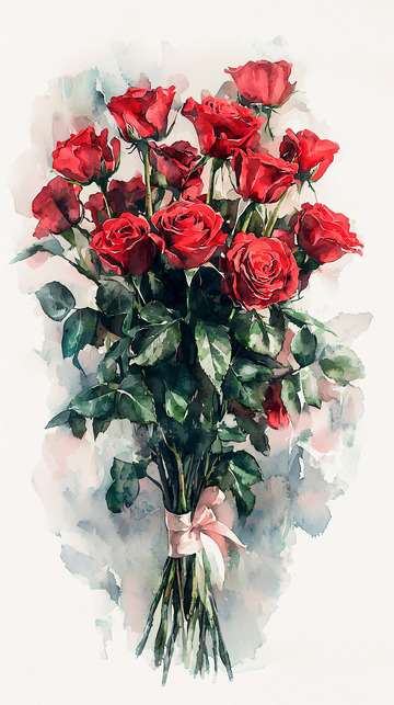 水彩红玫瑰花束