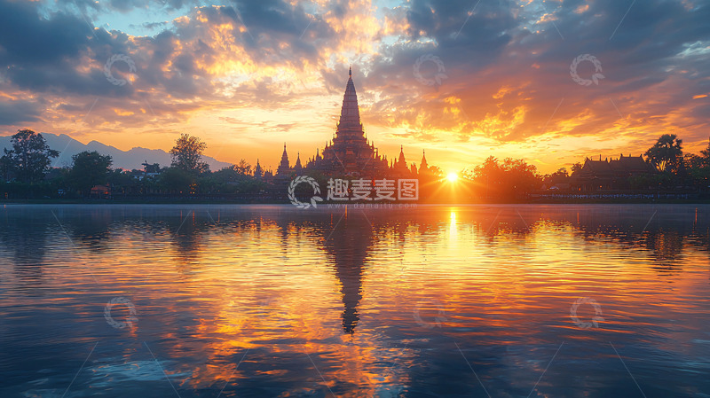 高清大图下载【趣麦麦图】日出寺庙湖泊倒影