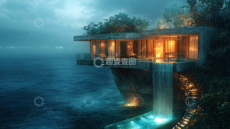 高清大图下载【趣麦麦图】悬崖边上的现代海景别墅