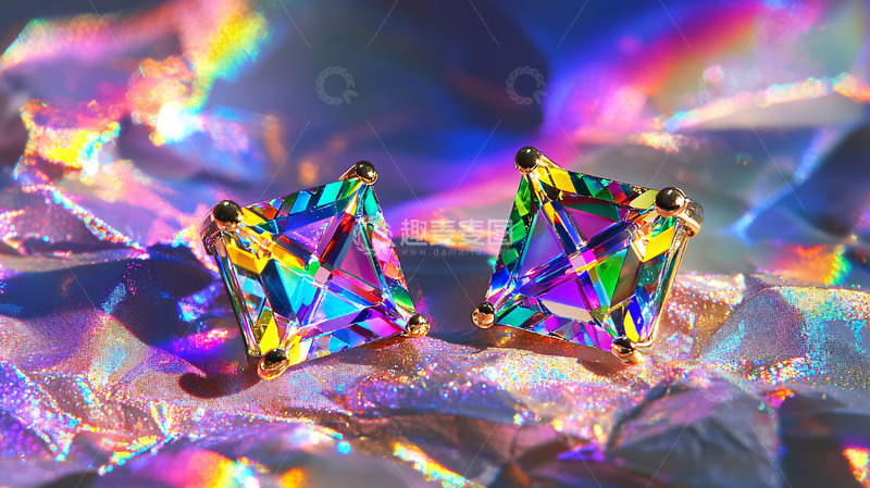 高清大图下载【趣麦麦图】彩虹色方形宝石耳钉