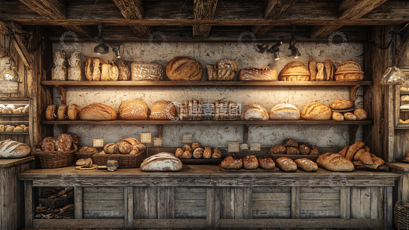 高清大图下载【趣麦麦图】面包店货架上琳琅满目的面包