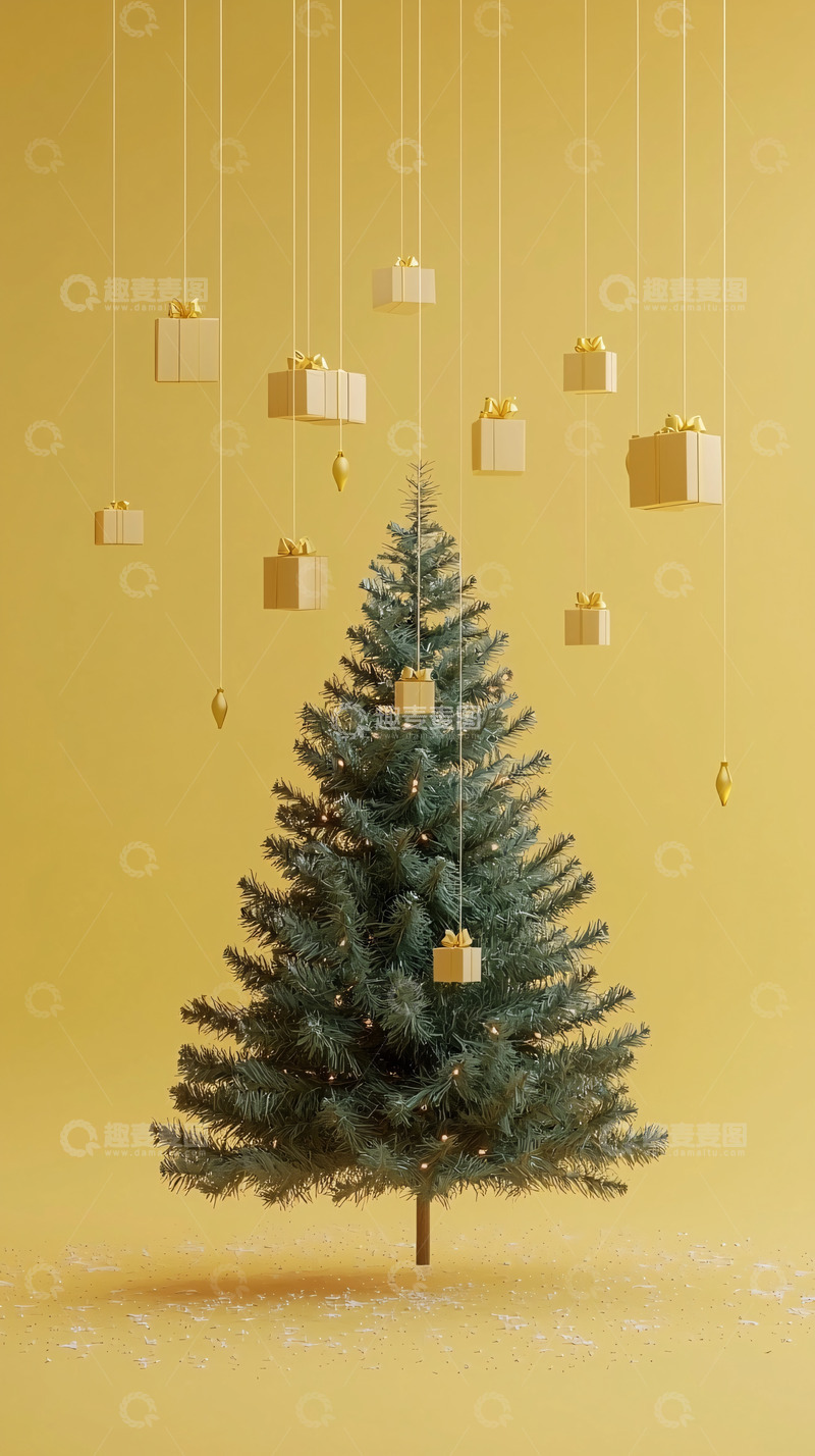 高清大图下载【趣麦麦图】黄绿色圣诞树黄色背景