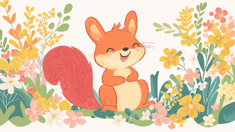 高清大图下载【趣麦麦图】可爱卡通小松鼠花丛