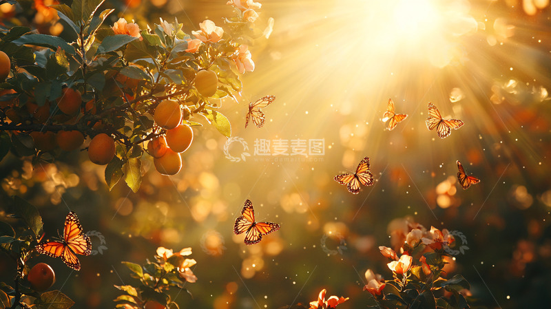 高清大图下载【趣麦麦图】阳光下的果树和蝴蝶