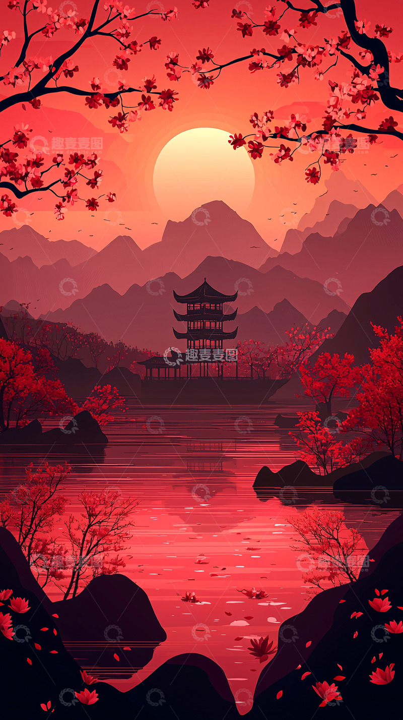 高清大图下载【趣麦麦图】红枫落日下的日式寺庙