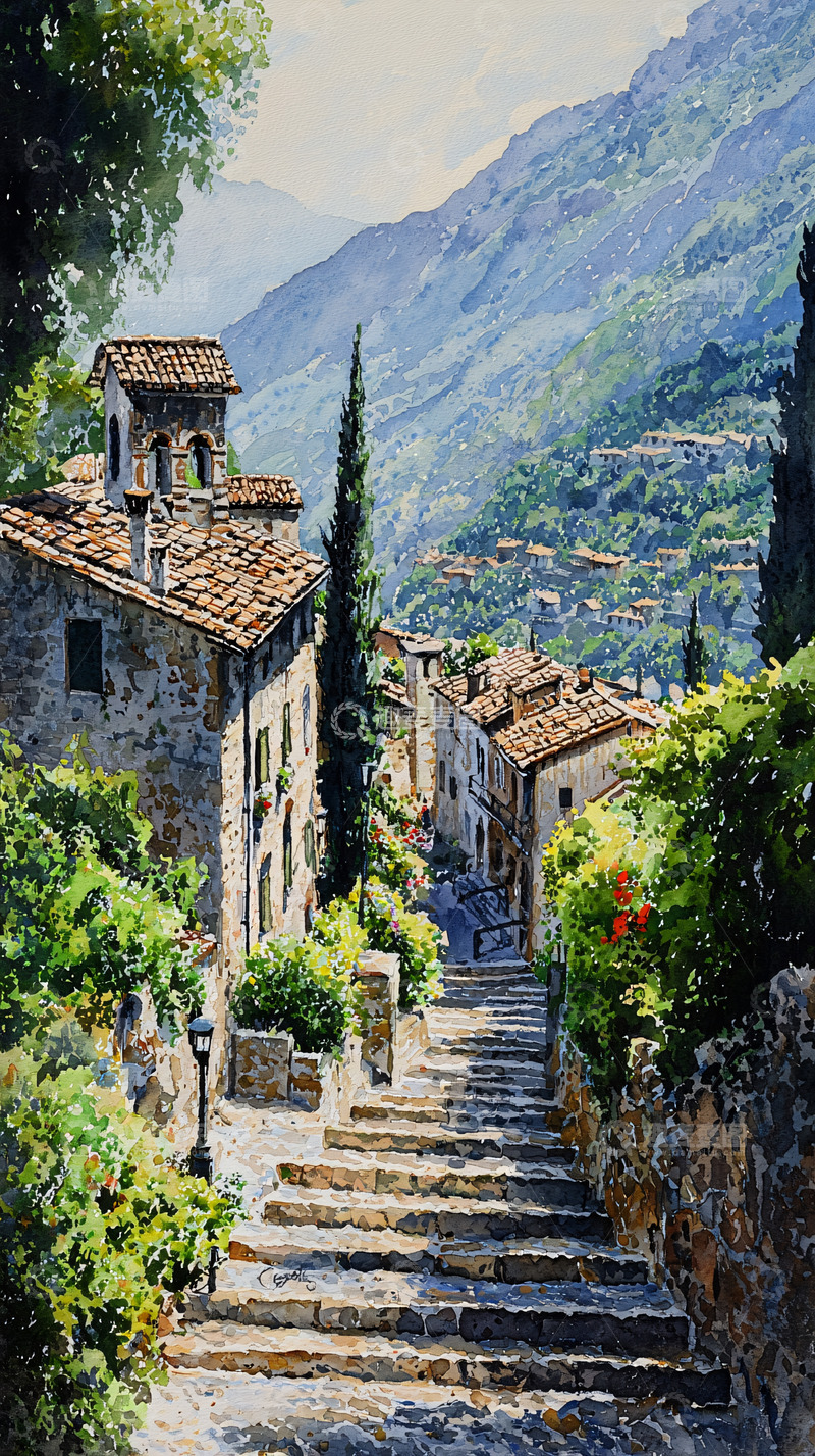 高清大图下载【趣麦麦图】意大利山间小镇水彩画