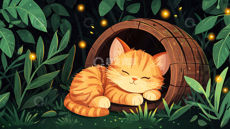 高清大图下载【趣麦麦图】猫咪睡在木桶里