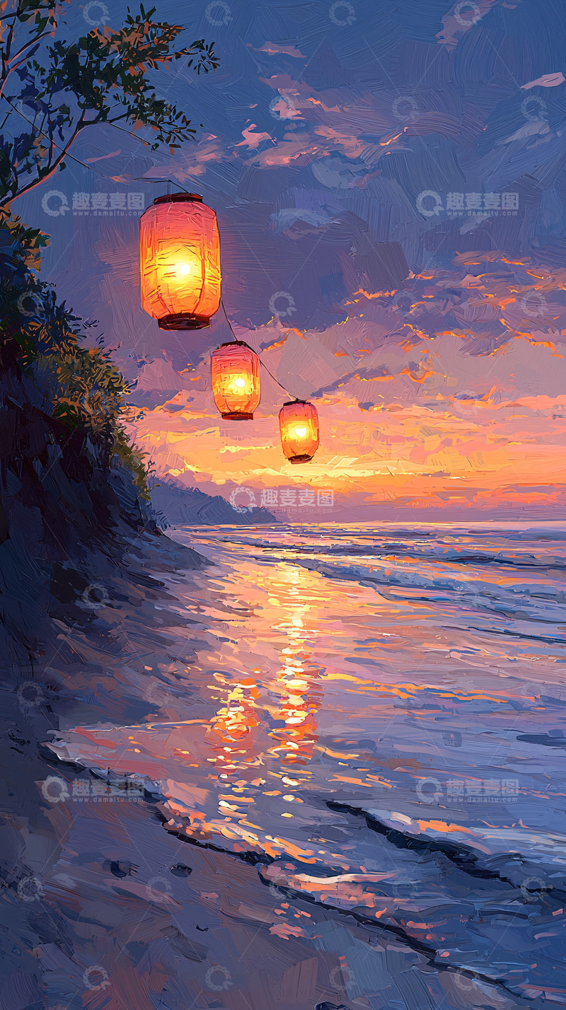 高清大图下载【趣麦麦图】海边灯笼日落美景图