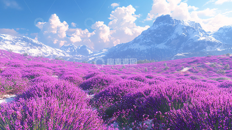 高清大图下载【趣麦麦图】紫色花海雪山