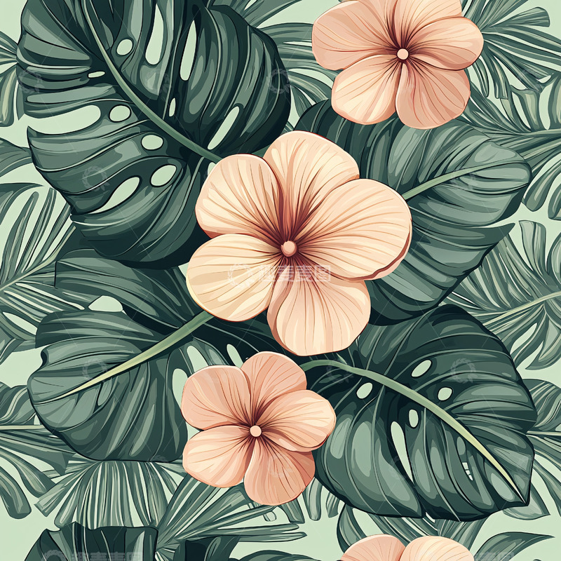 高清大图下载【趣麦麦图】热带花卉与绿叶图案