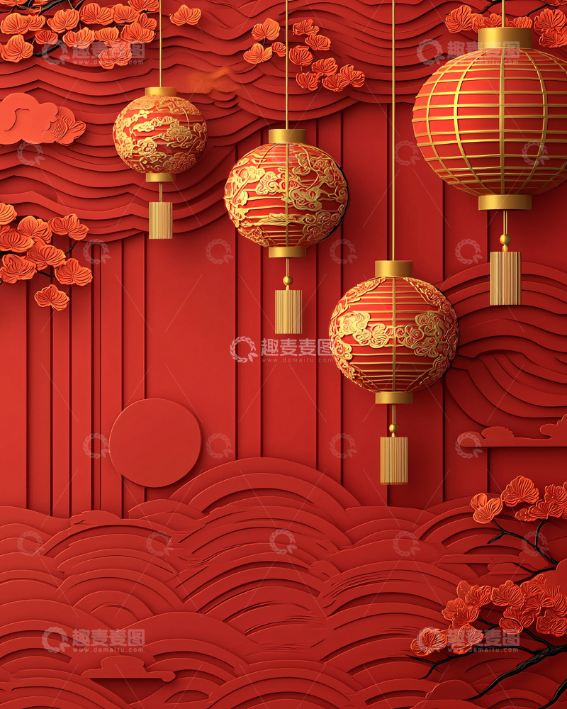 高清大图下载【趣麦麦图】红色节日背景灯笼梅花祥云