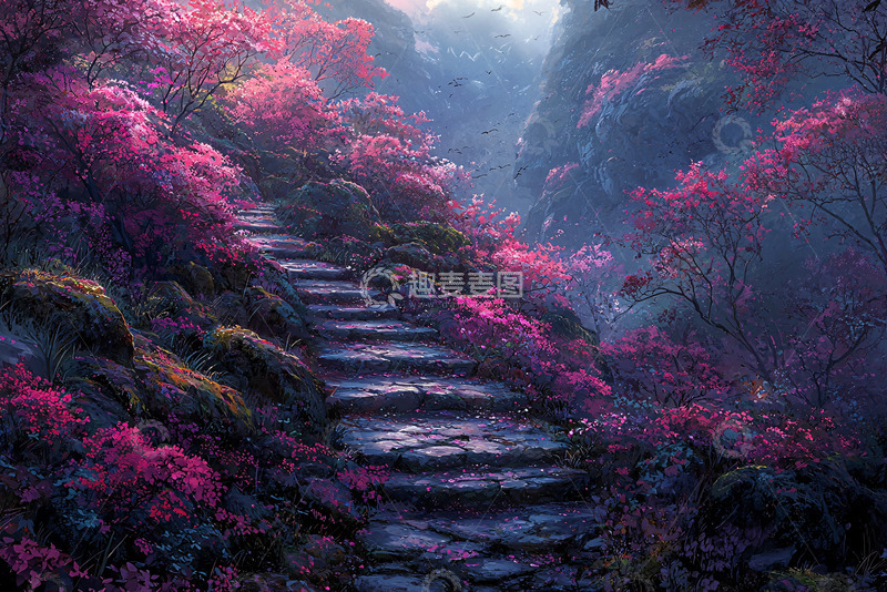 高清大图下载【趣麦麦图】粉色花朵环绕的石阶小路
