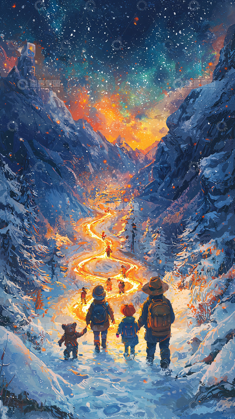 高清大图下载【趣麦麦图】雪山星空下温暖旅程