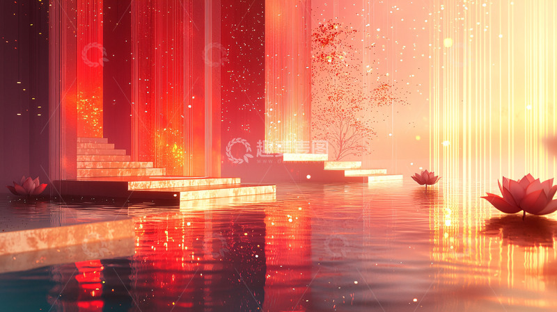 高清大图下载【趣麦麦图】红光笼罩下的中式意境场景