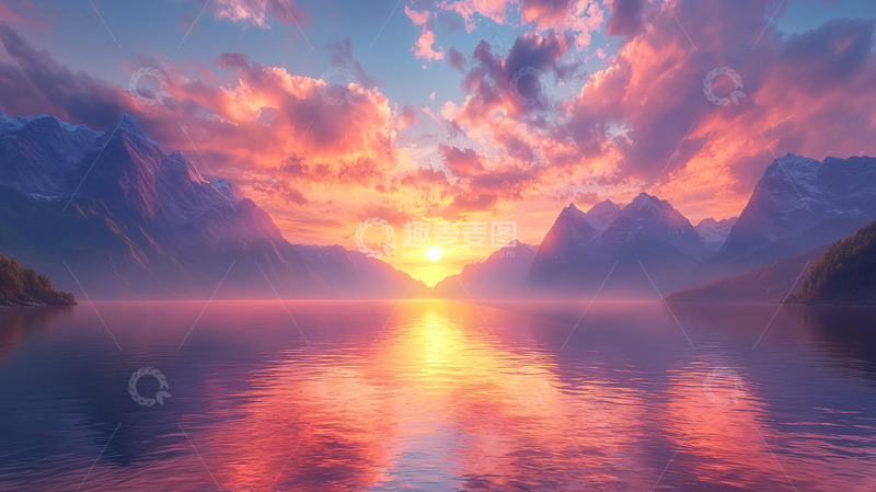 高清大图下载【趣麦麦图】梦幻般山脉湖泊日落