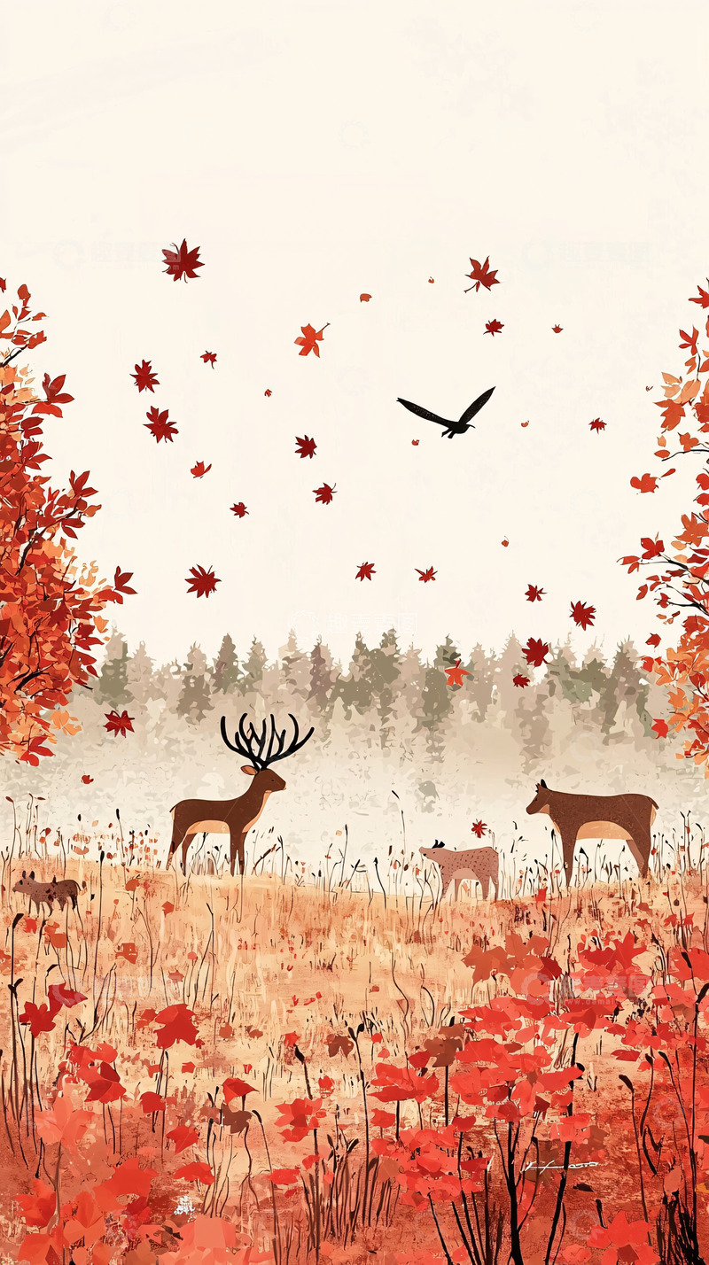 高清大图下载【趣麦麦图】秋日森林鹿群枫叶