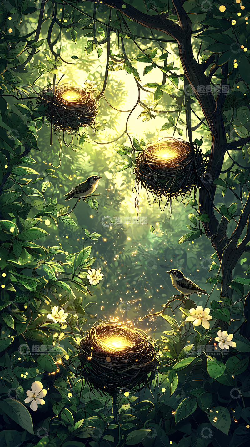 高清大图下载【趣麦麦图】鸟巢闪耀着光芒的森林