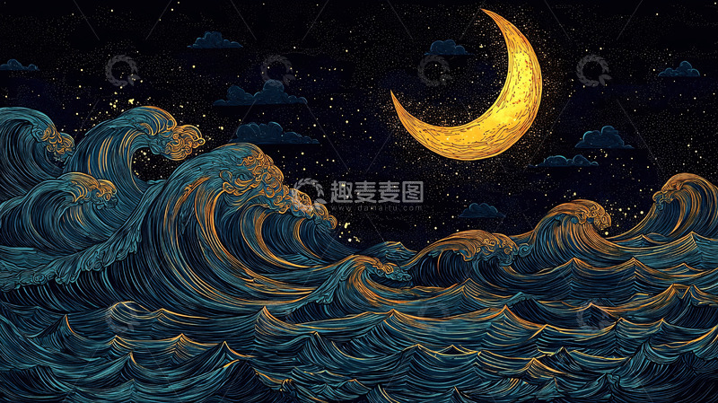 高清大图下载【趣麦麦图】夜空下波涛汹涌的大海